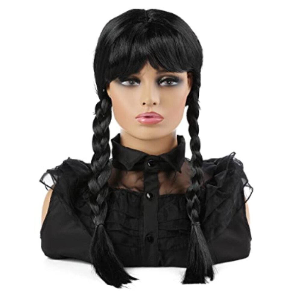 KIDS Wednesday Long Black Braided Wig with Bang for Kids & Girls